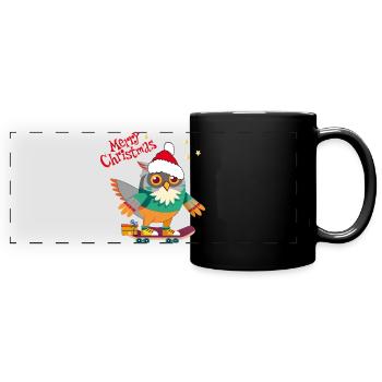 Weihnachtseule auf Skateboard - Panorama-Tasse farbig - Schwarz - Vorne