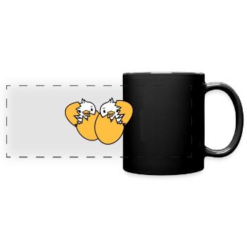 2 Vögel Zwei Küken Ei schlüpfen geboren Eierschale - Panorama-Tasse farbig - Schwarz - Vorne