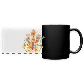 Sandcastle with exotic flowers on the beach - Full Colour Panoramic Mug - black - Front