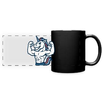 Smiling Unicorn Gym Maskottchen Power Flex Design - Panorama-Tasse farbig - Schwarz - Vorne
