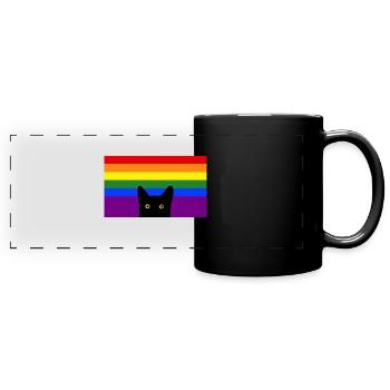 Chat jetant un coup d’œil sur le drapeau arc-en-ciel - Mug panoramique uni - noir - Devant