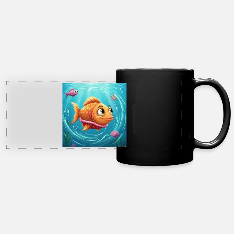 Verspielter Goldfisch in buntem Wasser - Panorama-Tasse farbig - Schwarz