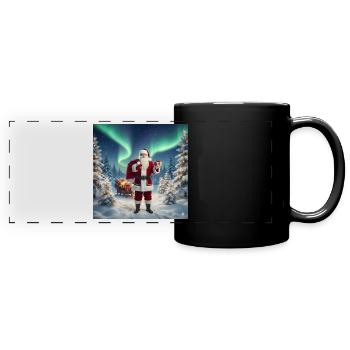 Nordlicht Santa im Winterwald - Panorama-Tasse farbig - Schwarz - Vorne