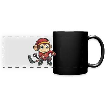 Süßer Affe als Eishockeyspieler Comic Cartoon - Panorama-Tasse farbig - Schwarz - Vorne