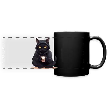 Schwarze Katzen mit Kaffee Becher Getränk Katze - Panorama-Tasse farbig - Schwarz - Vorne