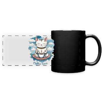 Chat qui boit son café, coffee time, humour chat - Mug panoramique uni - noir - Devant