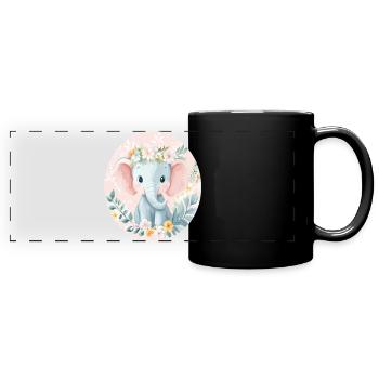 Sanftes Elefantenbaby mit Blumenkranz - Panorama-Tasse farbig - Schwarz - Vorne