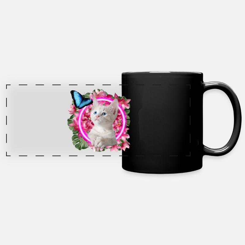 Cute Kitten with blue butterfly on neon tropical - Full Colour Panoramic Mug - black