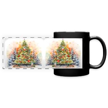 Weihnachtsbaum-Tasse. Fichten, verzierte Kiefern. - Panorama-Tasse farbig - Schwarz - Vorne