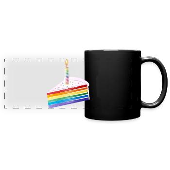 Stück Regenbogen Kuchen mit Geburtstagskerze - Panorama-Tasse farbig - Schwarz - Vorne