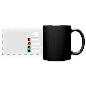 Koch - kreativ, originell, charmant, herzlich - Panorama-Tasse farbig - Schwarz - Vorne