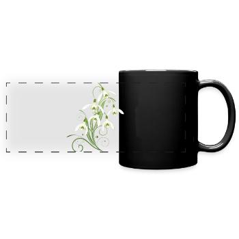 Zarte Schneeglöckchen mit Ornamenten und Ranken - Panorama-Tasse farbig - Schwarz - Vorne