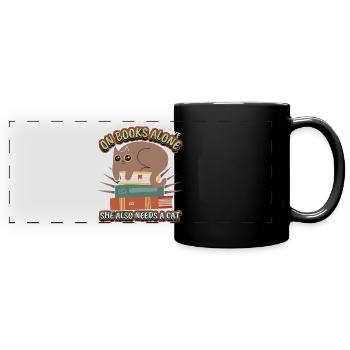 Bücherwurm, Buch, lesen, Katze, lustiger Spruch - Panorama-Tasse farbig - Schwarz - Vorne