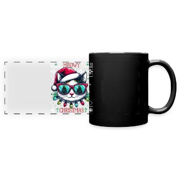 Meowy Christmas - Cat Pajamas PJ Ugly Funny Xmas - Full Colour Panoramic Mug - black - Front