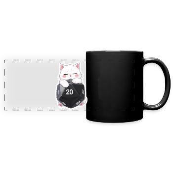 Schlafende Katze umarmt W20 Würfel – Cartoon - Panorama-Tasse farbig - Schwarz - Vorne