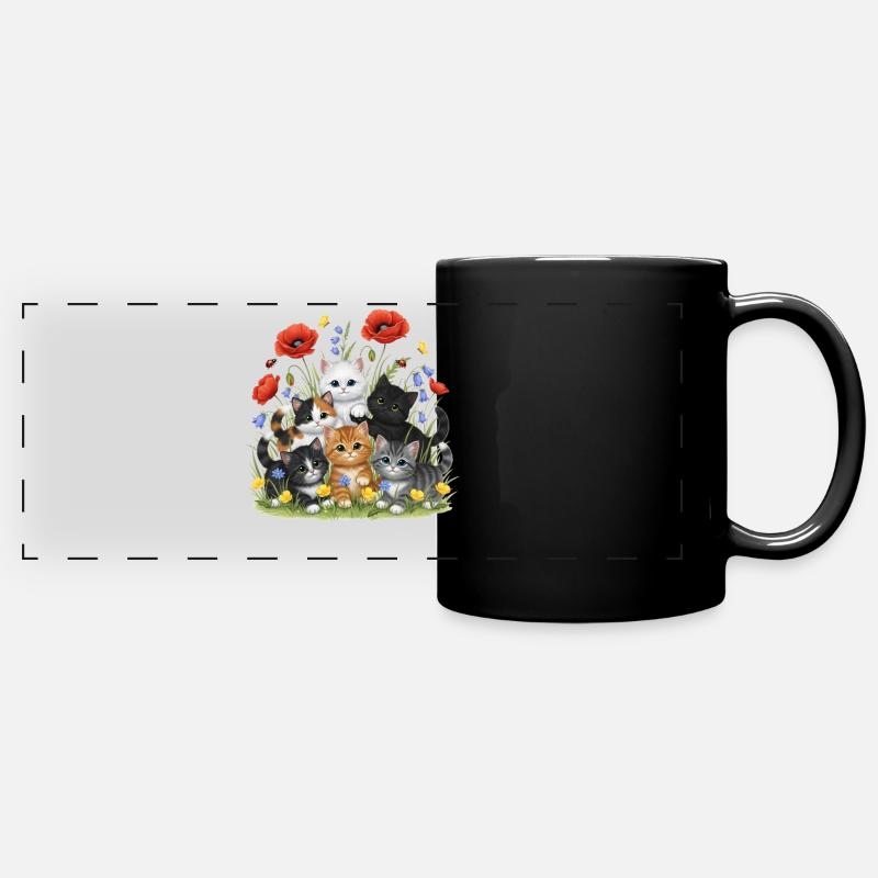 Chatons au jardin fleuri - Mug panoramique uni - noir