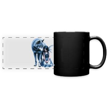 Blauer Wolf und Nachtfee - Panorama-Tasse farbig - Schwarz - Vorne
