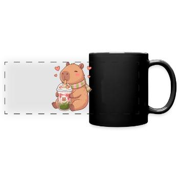 Cute Kawaii Capybara Drinking Strawberry Matcha - Full Colour Panoramic Mug - black - Front