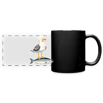 Möwe auf Forelle Cartoon - Panorama-Tasse farbig - Schwarz - Vorne