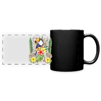 Tukan-Vogel, Tukan-Spruch, Hibiskus-Tukan - Panorama-Tasse farbig - Schwarz - Vorne