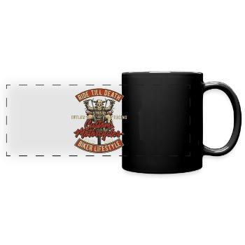 Biker Lifestyle Motorrad mit Totenkopf - Panorama-Tasse farbig - Schwarz - Vorne