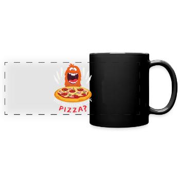 Lustiges Pizza-Monster, Pizza-Spruch Comic - Panorama-Tasse farbig - Schwarz - Vorne