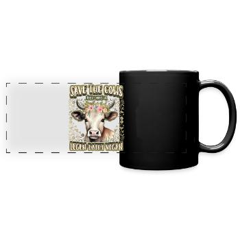 Kuh, Kühe, Ochse, Bullen, lustiger Spruch - Panorama-Tasse farbig - Schwarz - Vorne