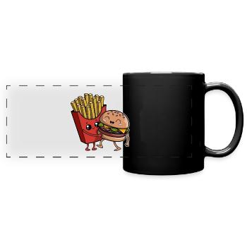 Burger & Pommes - Fast Food - yummy - Party - Panorama-Tasse farbig - Schwarz - Vorne