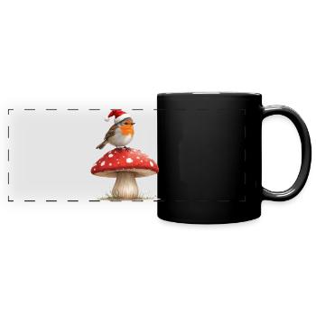 Robin in Santa Hat on a Red Mushroom - Full Colour Panoramic Mug - black - Front