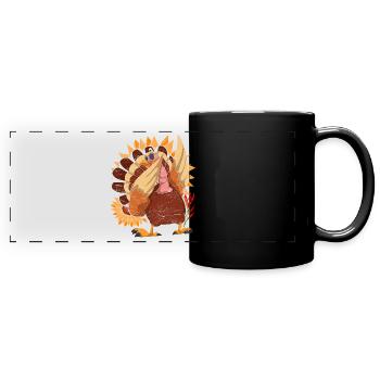 Autumn Sunflower Bird Gift Dabbing Turkey - Full Colour Panoramic Mug - black - Front