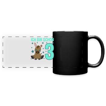 Dreijähriges Festeselchen Glückwunschmotiv - Panorama-Tasse farbig - Schwarz - Vorne