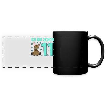 Elf Jahre Esel: Fröhlicher Geburtstagsstar - Panorama-Tasse farbig - Schwarz - Vorne