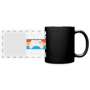 Level 39 freigeschalteter offizieller Teenager - Panorama-Tasse farbig - Schwarz - Vorne