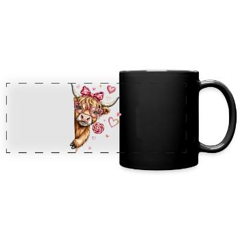Verliebtes Hochlandrind mit Herzbrille und Lolli - Panorama-Tasse farbig - Schwarz - Vorne