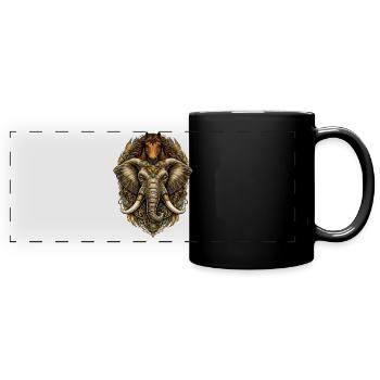 Ornamentale Elefanten-Pferde-Medaille - Panorama-Tasse farbig - Schwarz - Vorne