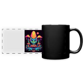 Surreale bunte Welt mit Pilzen und Katze - Panorama-Tasse farbig - Schwarz - Vorne