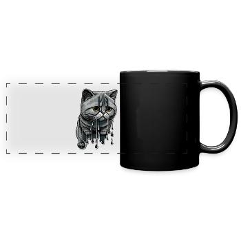 Farbige Tropfen und niedliche Katze - Panorama-Tasse farbig - Schwarz - Vorne