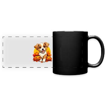 Cute puppy with leaves and pumpkins - Full Colour Panoramic Mug - black - Front
