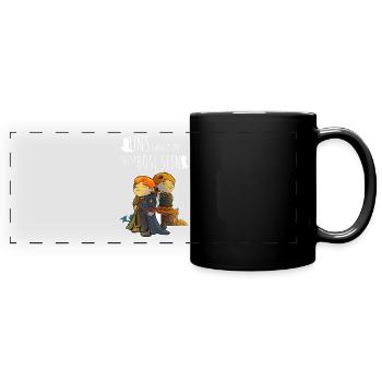 Nie böse sein: Heldenkinder Duo - Panorama-Tasse farbig - Schwarz - Vorne
