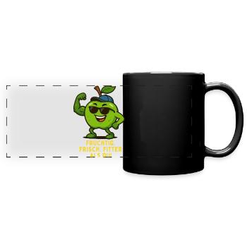 Fruchtig Fitness Apfel Held Bodybuilding Karikatur - Panorama-Tasse farbig - Schwarz - Vorne