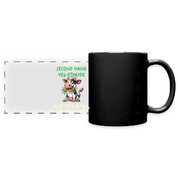 Second Hand Vegetarier – Lustiges Kuh-Design - Panorama-Tasse farbig - Schwarz - Vorne