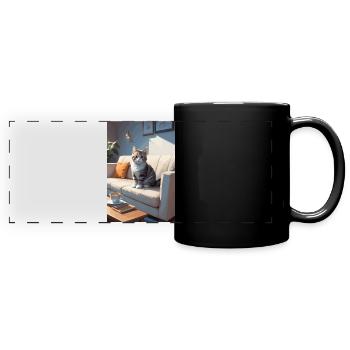 Katze auf Sofa - Panorama-Tasse farbig - Schwarz - Vorne