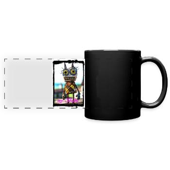 Poupée de chiffon colorée avec un visage curieux - Mug panoramique uni - noir - Devant