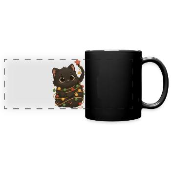 Schwarze Katze Weihnachten Lichterkette Lustig - Panorama-Tasse farbig - Schwarz - Vorne
