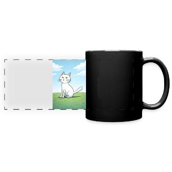 Weiße Katze mit frechen Blick - Panorama-Tasse farbig - Schwarz - Vorne