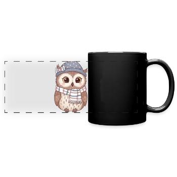 Hibou d’hiver avec écharpe et chapeau - Mug panoramique uni - noir - Devant