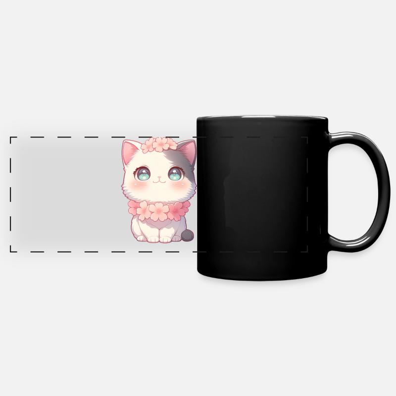 Kawaii White Cat Sakura Flower Wreath Chibi Style - Full Colour Panoramic Mug - black