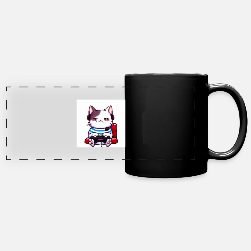 Kaweii cat playing computer games digital art - Full Colour Panoramic Mug - black