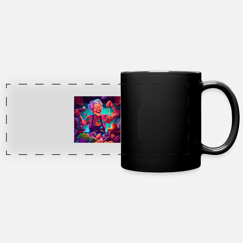 Grandma with tattoos cooking - Full Colour Panoramic Mug - black