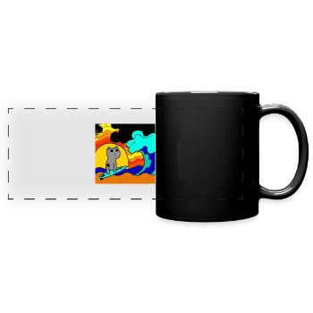 Surfende Katze im Meer - Panorama-Tasse farbig - Schwarz - Vorne